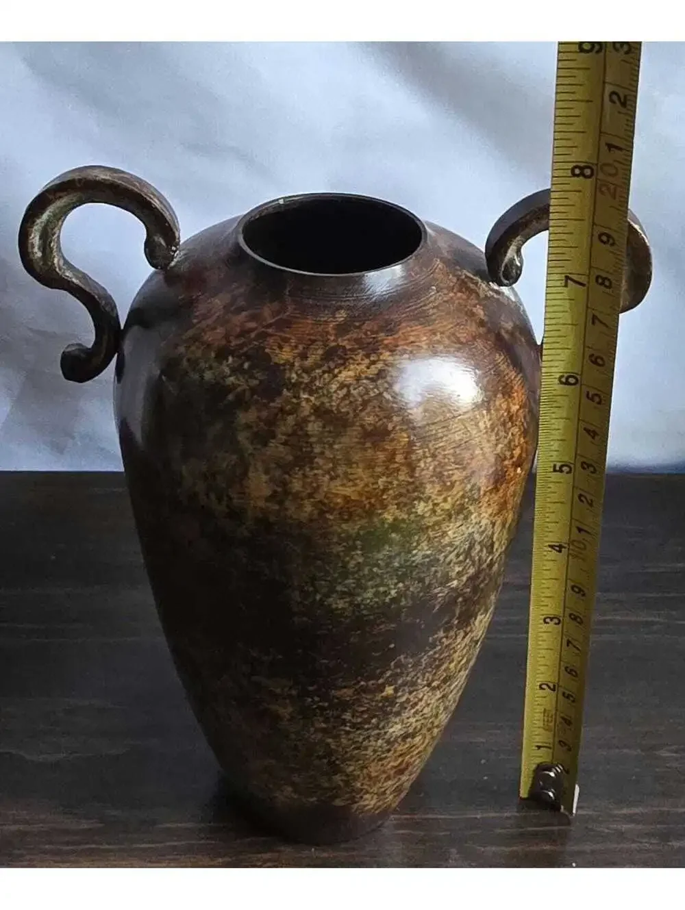 Vintage Metal Amphora Vase Scroll Handles Verdigris Rustic Urn Decor
